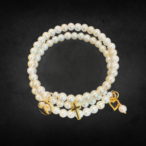 Pearl Wrap Bracelet with Cross, Mountain, and Heart Charms